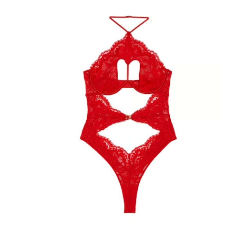 NEW Victoria's Secret Twinkle Lace Heart Cut-Out Teddy Lingerie Red 47379
